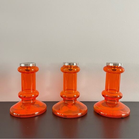 EQ3 | Bright Orange Glass Candlestick Candle Holders Funky MCM Taper Bubble 3pc - Picture 1 of 9